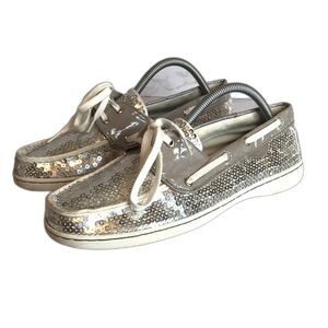 Reel legends Top-Sider Women's Boat Shoes Silver Fabric Lace Up Sequin Slip-On